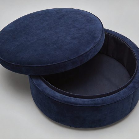 Round Velvet Storage Ottoman In Navy Blue